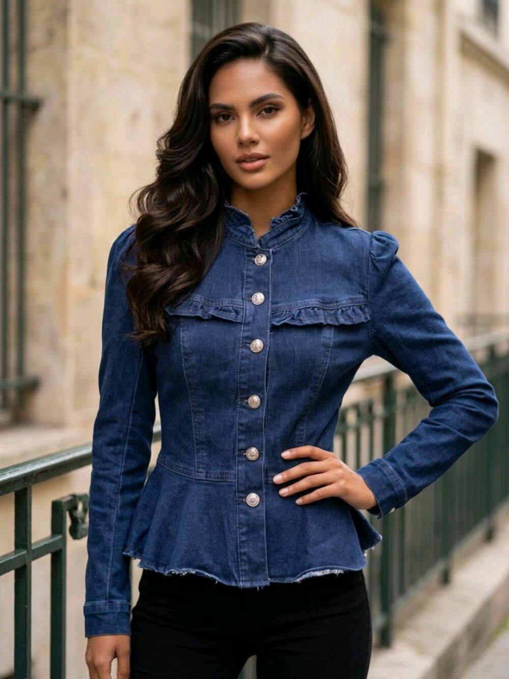 High Society Stretch Dark Blue Denim Peplum Jacket with Silver Buttons
